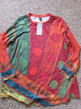 NWT Emery Rose Large Burnt Sienna Orange Green Boho Tunic Longer Top Crew Neck